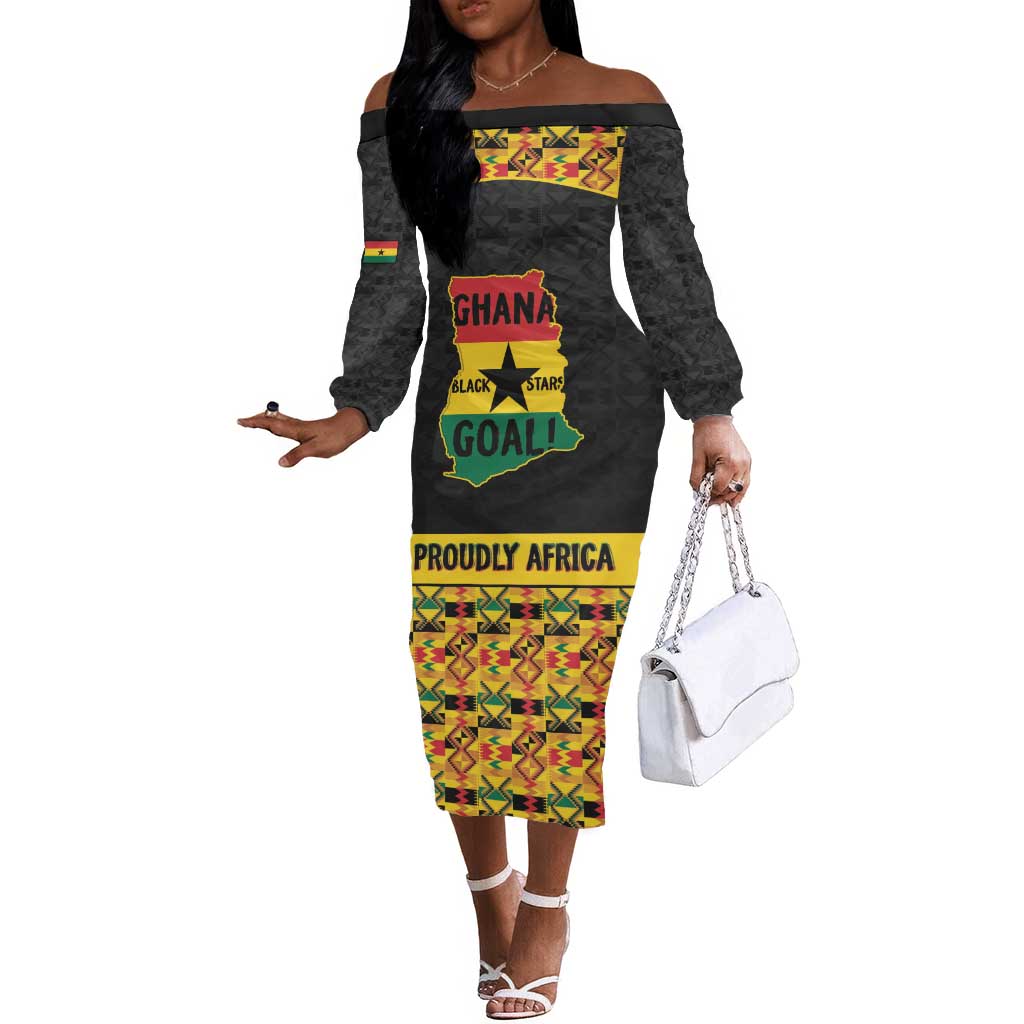 Personalized Afro Ghana Football Off The Shoulder Long Sleeve Dress Black Stars Never Fall - Kente Pattern - African Pride