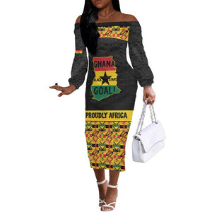 Personalized Afro Ghana Football Off The Shoulder Long Sleeve Dress Black Stars Never Fall - Kente Pattern - African Pride