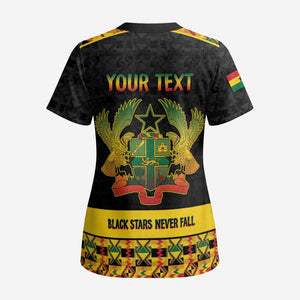 Personalized Afro Ghana Football Scrub Top Black Stars Never Fall - Kente Pattern - African Pride