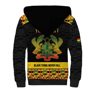 Personalized Afro Ghana Football Sherpa Hoodie Black Stars Never Fall - Kente Pattern - African Pride