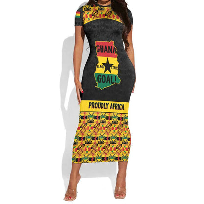 Personalized Afro Ghana Football Short Sleeve Bodycon Dress Black Stars Never Fall - Kente Pattern LT15