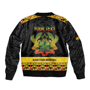 Personalized Afro Ghana Football Sleeve Zip Bomber Jacket Black Stars Never Fall - Kente Pattern - African Pride