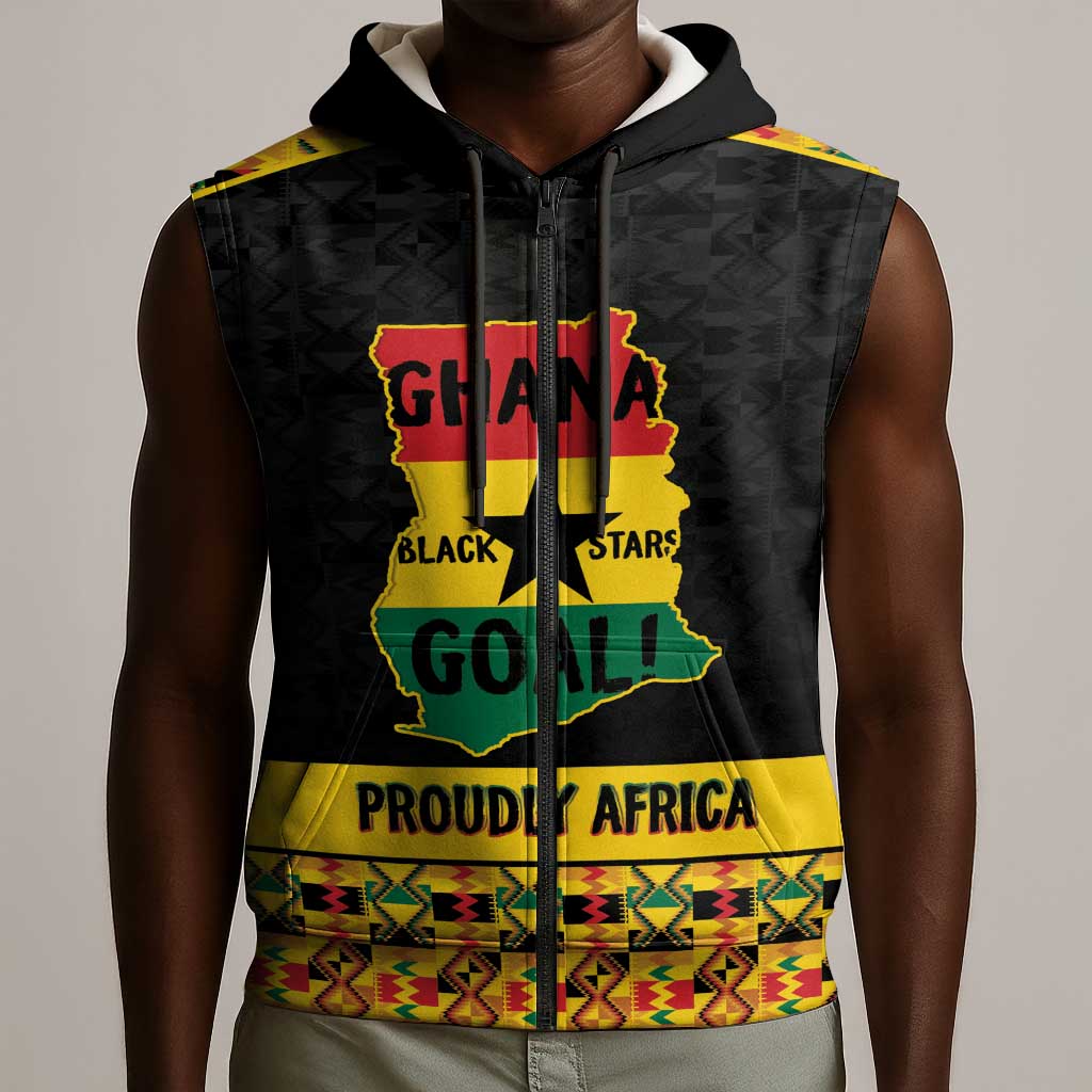 Personalized Afro Ghana Football Sleeveless Zip Hoodie Black Stars Never Fall - Kente Pattern - African Pride