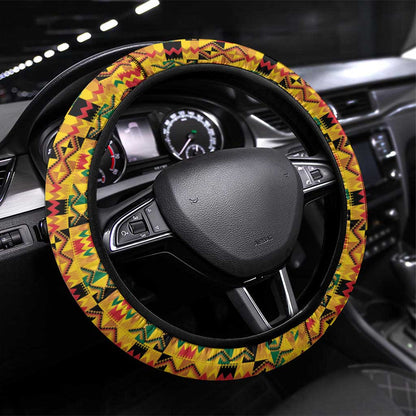 Afro Ghana Football Steering Wheel Cover Black Stars Never Fall - Kente Pattern - African Pride