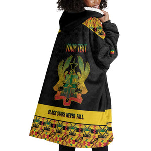 Personalized Afro Ghana Football Wearable Blanket Hoodie Black Stars Never Fall - Kente Pattern - African Pride