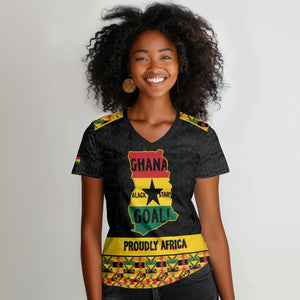 Personalized Afro Ghana Football Women V-Neck T-Shirt Black Stars Never Fall - Kente Pattern - African Pride