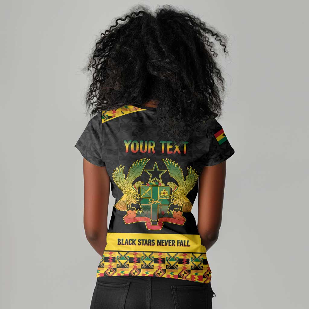 Personalized Afro Ghana Football Women V-Neck T-Shirt Black Stars Never Fall - Kente Pattern LT15