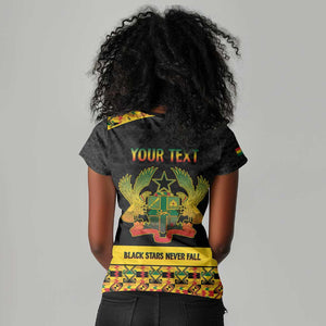 Personalized Afro Ghana Football Women V-Neck T-Shirt Black Stars Never Fall - Kente Pattern - African Pride