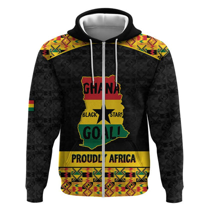 Personalized Afro Ghana Football Zip Hoodie Black Stars Never Fall - Kente Pattern - African Pride