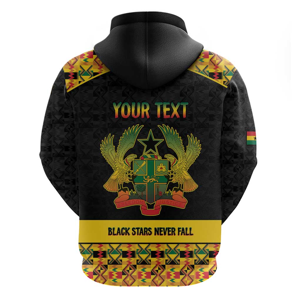 Personalized Afro Ghana Football Zip Hoodie Black Stars Never Fall - Kente Pattern - African Pride