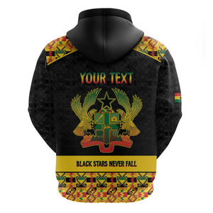 Personalized Afro Ghana Football Zip Hoodie Black Stars Never Fall - Kente Pattern - African Pride