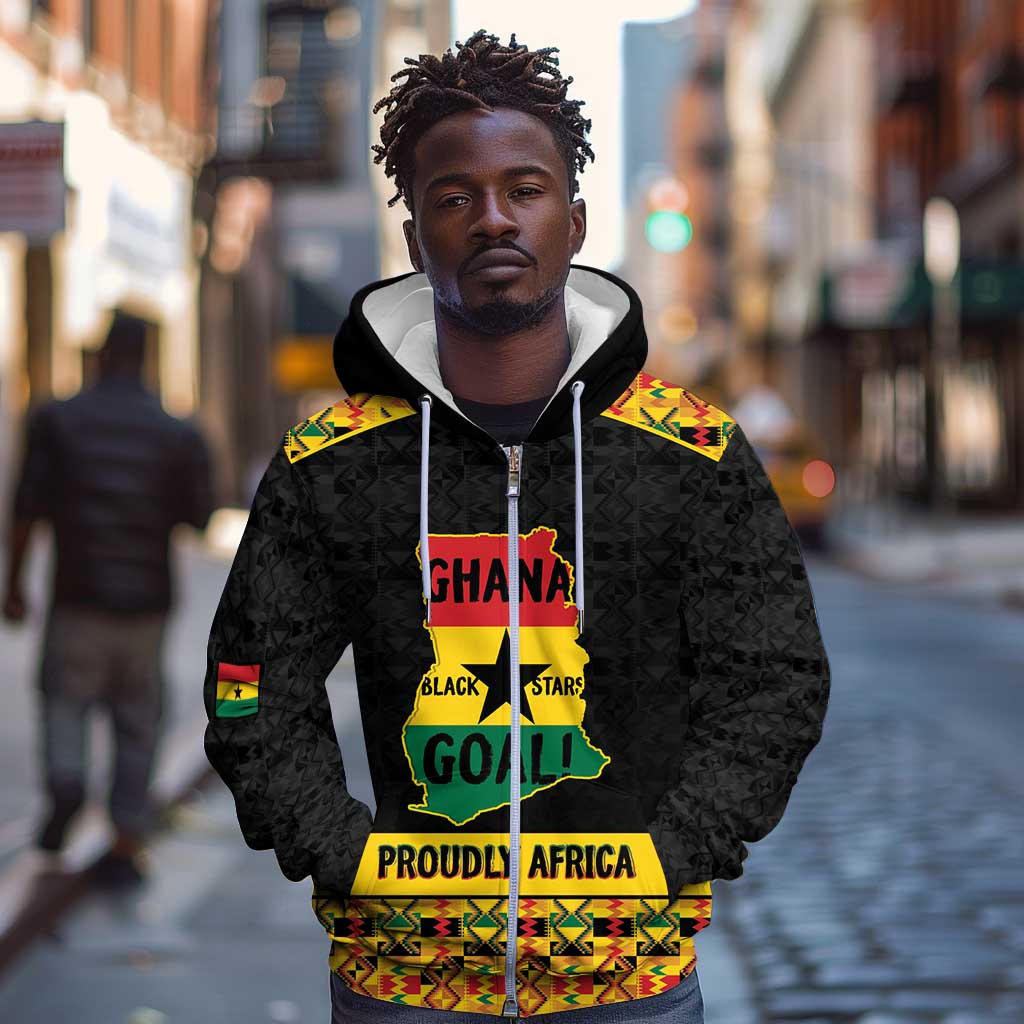Personalized Afro Ghana Football Zip Hoodie Black Stars Never Fall - Kente Pattern - African Pride