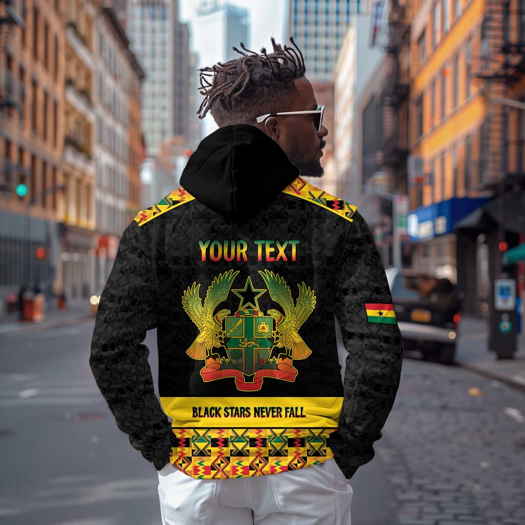 Personalized Afro Ghana Football Zip Hoodie Black Stars Never Fall - Kente Pattern - African Pride