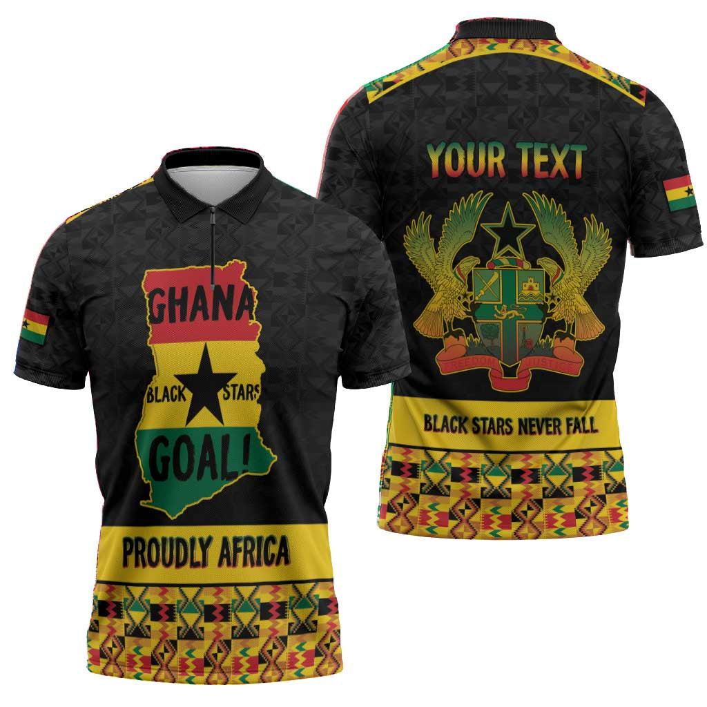 Personalized Afro Ghana Football Zipper Polo Shirt Black Stars Never Fall - Kente Pattern - African Pride