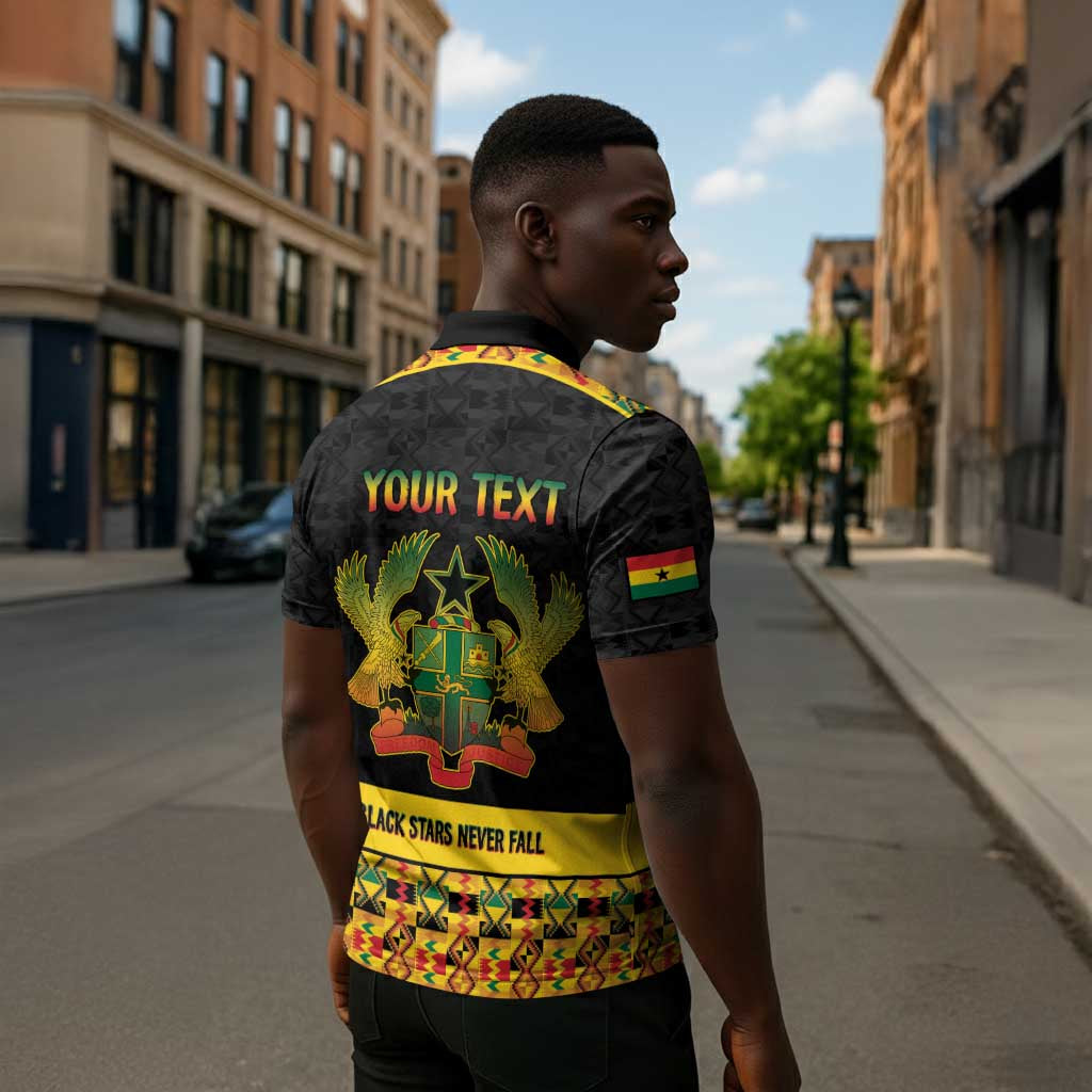 Personalized Afro Ghana Football Zipper Polo Shirt Black Stars Never Fall - Kente Pattern - African Pride
