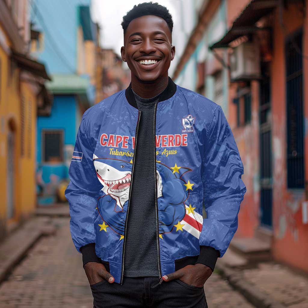Custom Cabo Verde Football Bomber Jacket Go Tubaroes Azuis