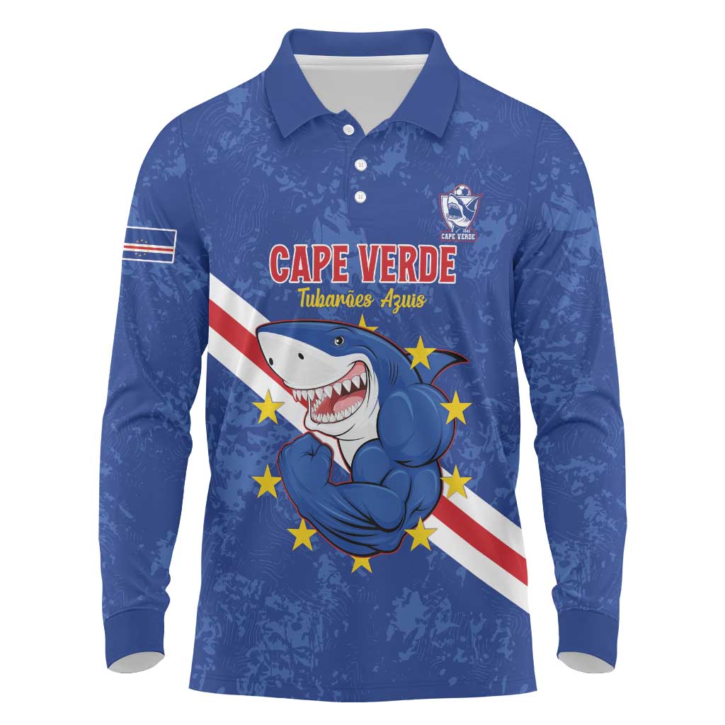 Custom Cabo Verde Football Long Sleeve Polo Shirt Go Tubaroes Azuis