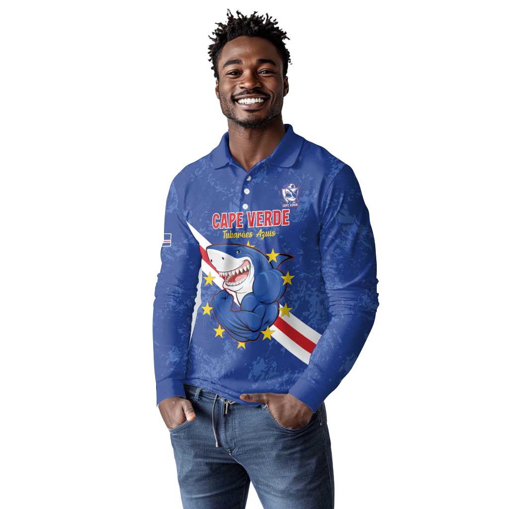 Custom Cabo Verde Football Long Sleeve Polo Shirt Go Tubaroes Azuis