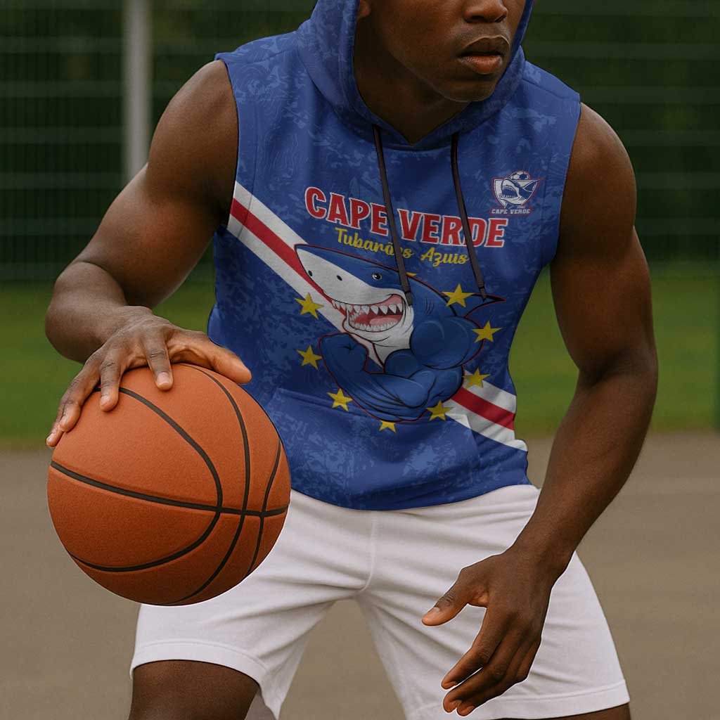 Custom Cabo Verde Football Sleeveless Hoodie Go Tubaroes Azuis - African Pride