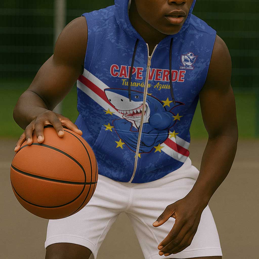 Custom Cabo Verde Football Sleeveless Zip Hoodie Go Tubaroes Azuis - African Pride