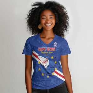 Custom Cabo Verde Football Women V-Neck T-Shirt Go Tubaroes Azuis