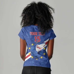 Custom Cabo Verde Football Women V-Neck T-Shirt Go Tubaroes Azuis