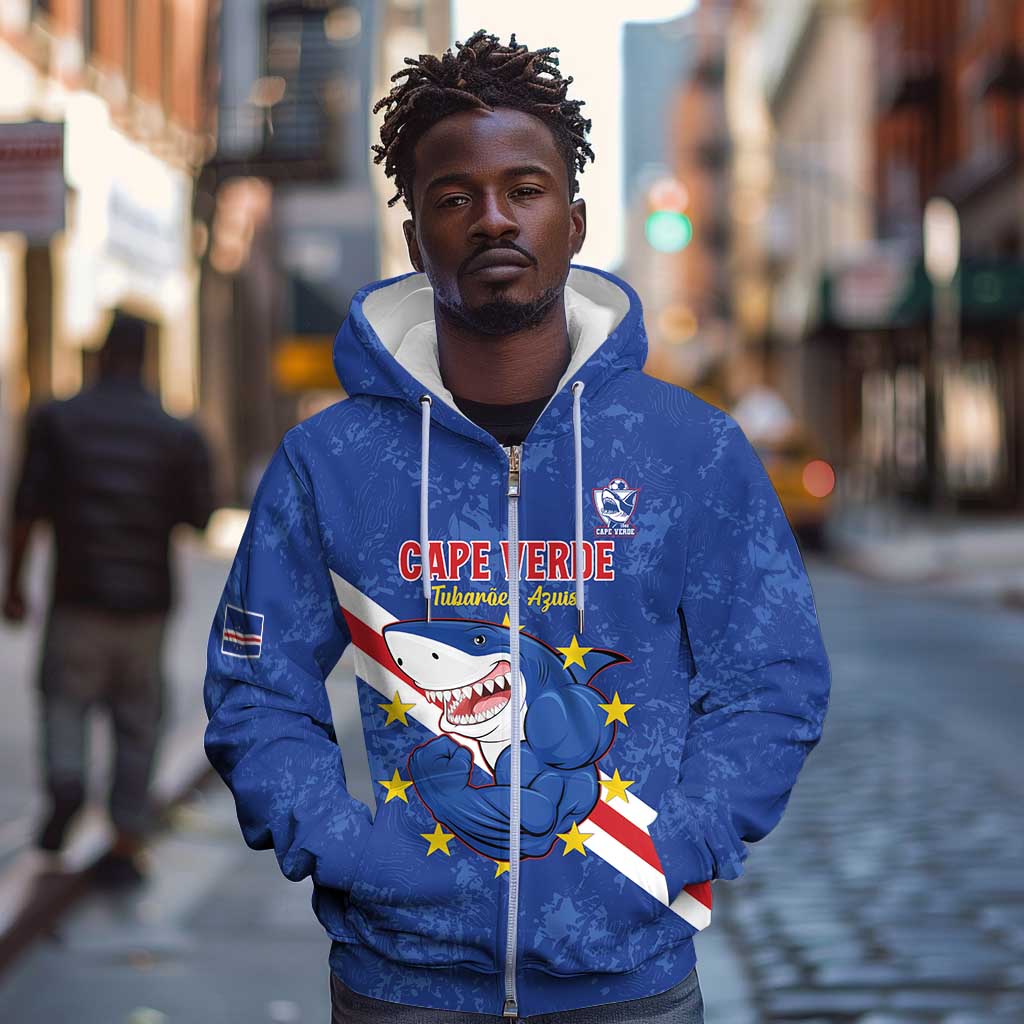 Custom Cabo Verde Football Zip Hoodie Go Tubaroes Azuis