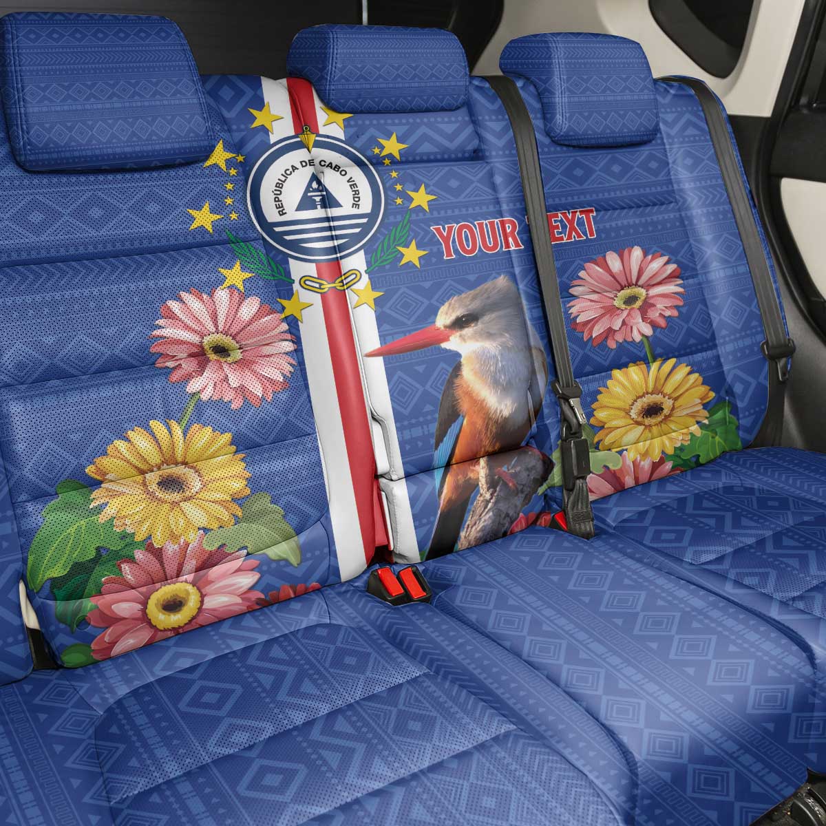 Personalised Cabo Verde Back Car Seat Cover Grey-Headed Kingfisher Mix Gerbera Daisy