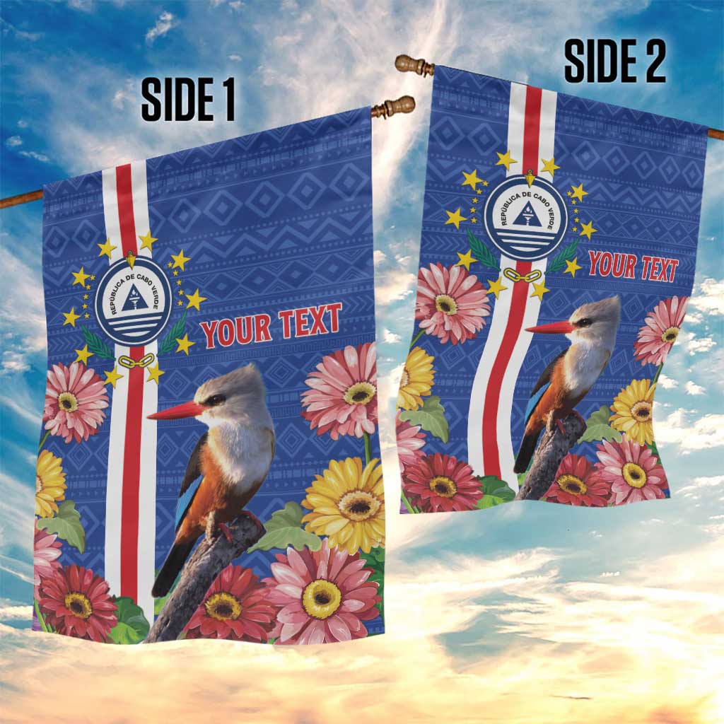 Personalised Cabo Verde Garden Flag Grey-Headed Kingfisher Mix Gerbera Daisy