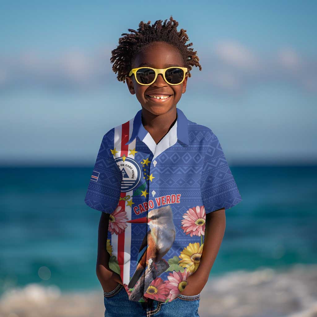 Personalised Cabo Verde Kid Hawaiian Shirt Grey-Headed Kingfisher Mix Gerbera Daisy