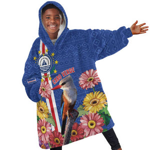 Personalised Cabo Verde Kid Wearable Blanket Hoodie Grey-Headed Kingfisher Mix Gerbera Daisy