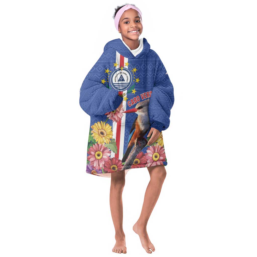 Personalised Cabo Verde Kid Wearable Blanket Hoodie Grey-Headed Kingfisher Mix Gerbera Daisy