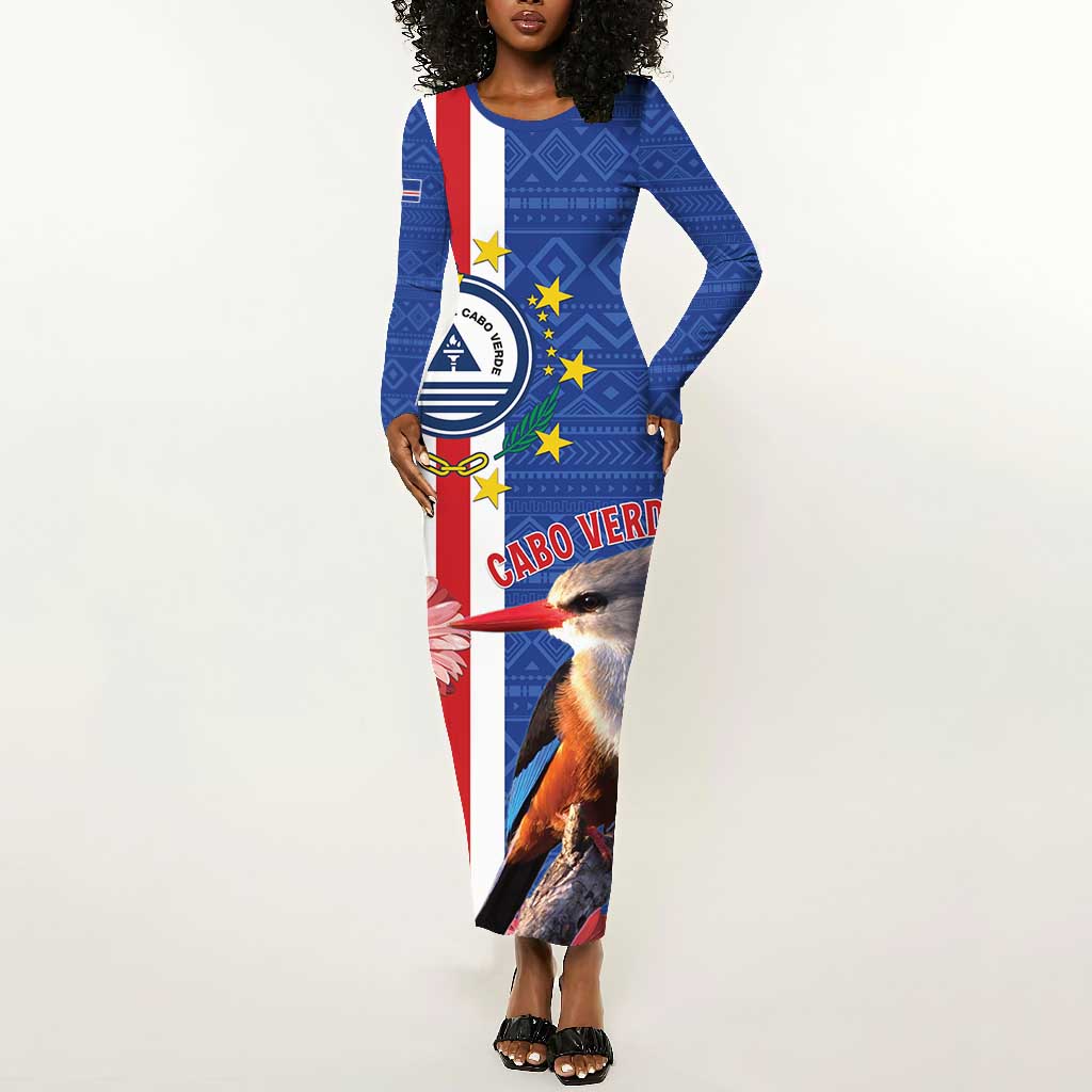 Personalised Cabo Verde Long Sleeve Bodycon Dress Grey-Headed Kingfisher Mix Gerbera Daisy LT15