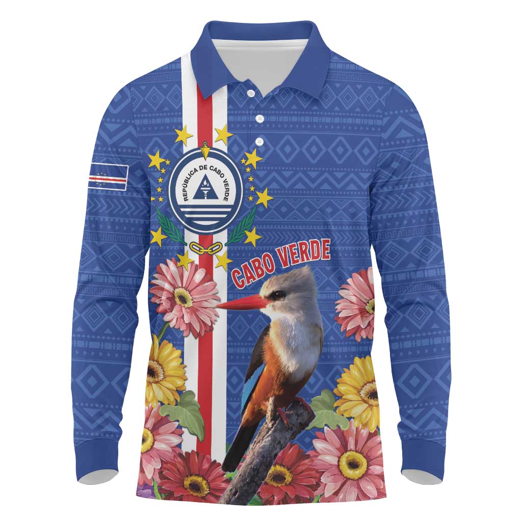 Personalised Cabo Verde Long Sleeve Polo Shirt Grey-Headed Kingfisher Mix Gerbera Daisy