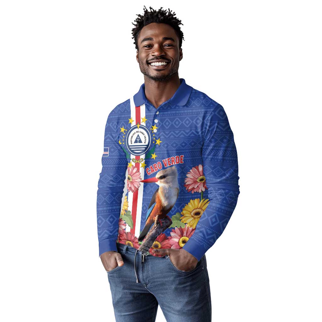 Personalised Cabo Verde Long Sleeve Polo Shirt Grey-Headed Kingfisher Mix Gerbera Daisy