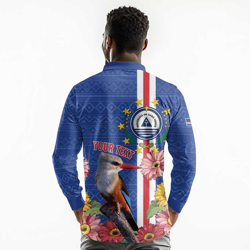 Personalised Cabo Verde Long Sleeve Polo Shirt Grey-Headed Kingfisher Mix Gerbera Daisy