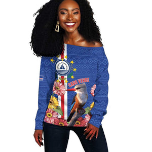 Personalised Cabo Verde Off Shoulder Sweater Grey-Headed Kingfisher Mix Gerbera Daisy