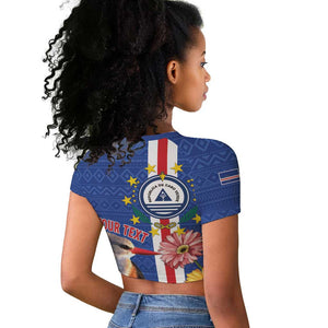 Personalised Cabo Verde Raglan Cropped T shirt Grey-Headed Kingfisher Mix Gerbera Daisy