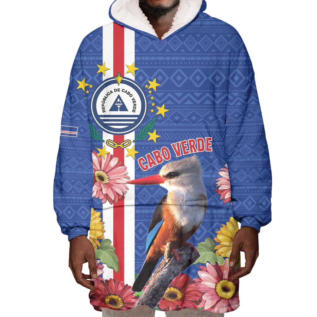 Personalised Cabo Verde Wearable Blanket Hoodie Grey-Headed Kingfisher Mix Gerbera Daisy