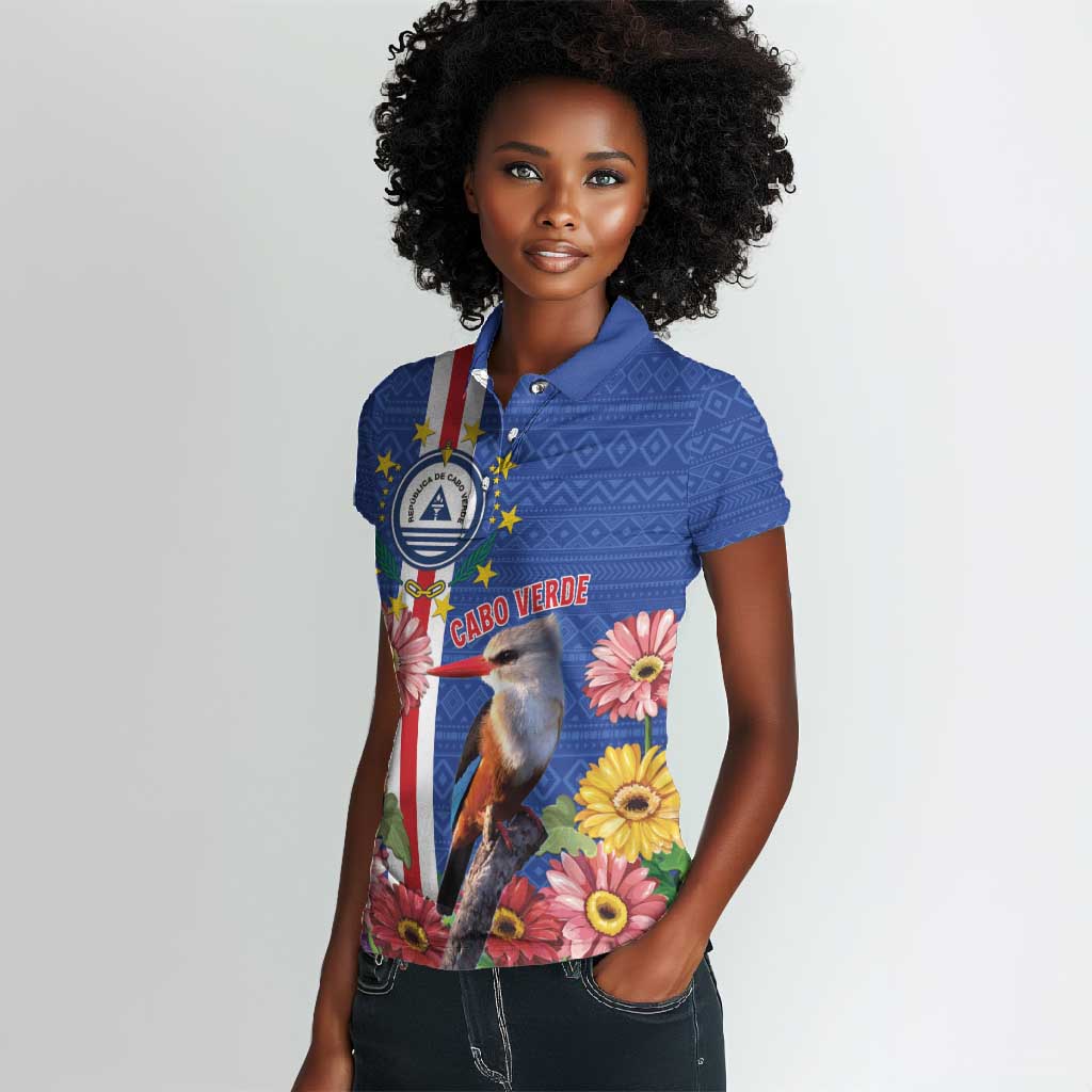 Personalised Cabo Verde Women Polo Shirt Grey-Headed Kingfisher Mix Gerbera Daisy