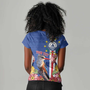 Personalised Cabo Verde Women V-Neck T-Shirt Grey-Headed Kingfisher Mix Gerbera Daisy