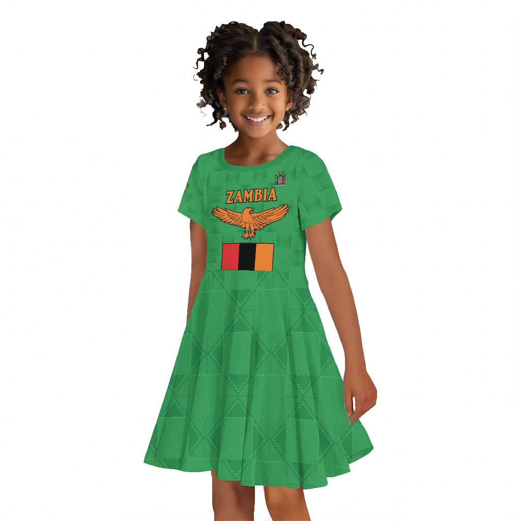 Personalised Afro Zambia Kid Short Sleeve Dress Flag Style Mix Kente Pattern