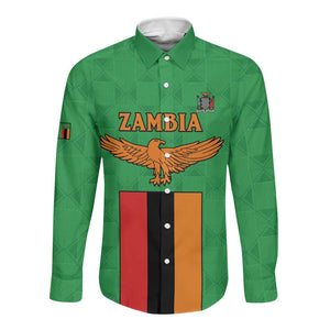 Personalised Afro Zambia Long Sleeve Button Shirt Flag Style Mix Kente Pattern