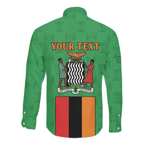 Personalised Afro Zambia Long Sleeve Button Shirt Flag Style Mix Kente Pattern