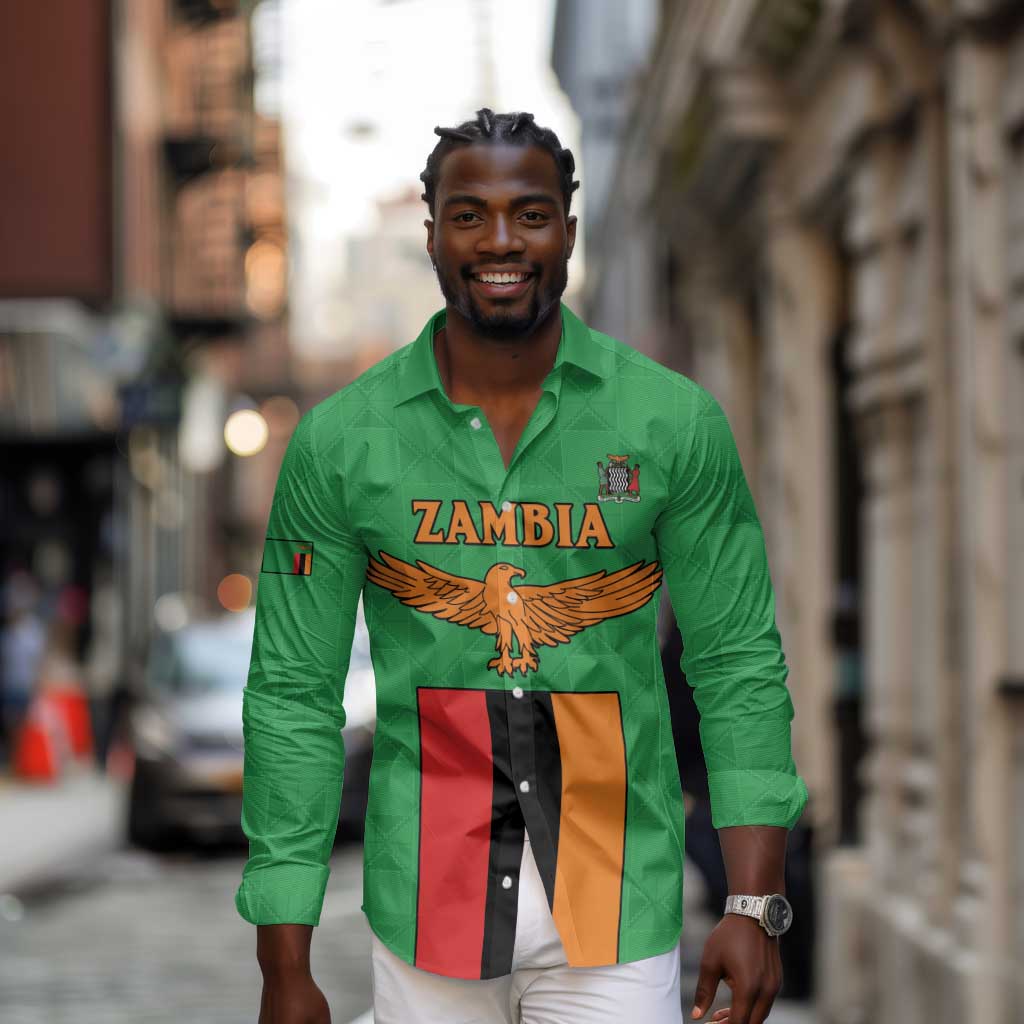 Personalised Afro Zambia Long Sleeve Button Shirt Flag Style Mix Kente Pattern