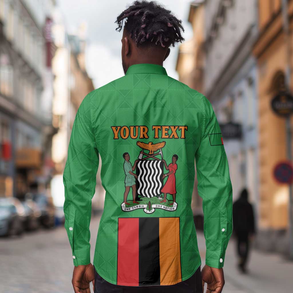 Personalised Afro Zambia Long Sleeve Button Shirt Flag Style Mix Kente Pattern