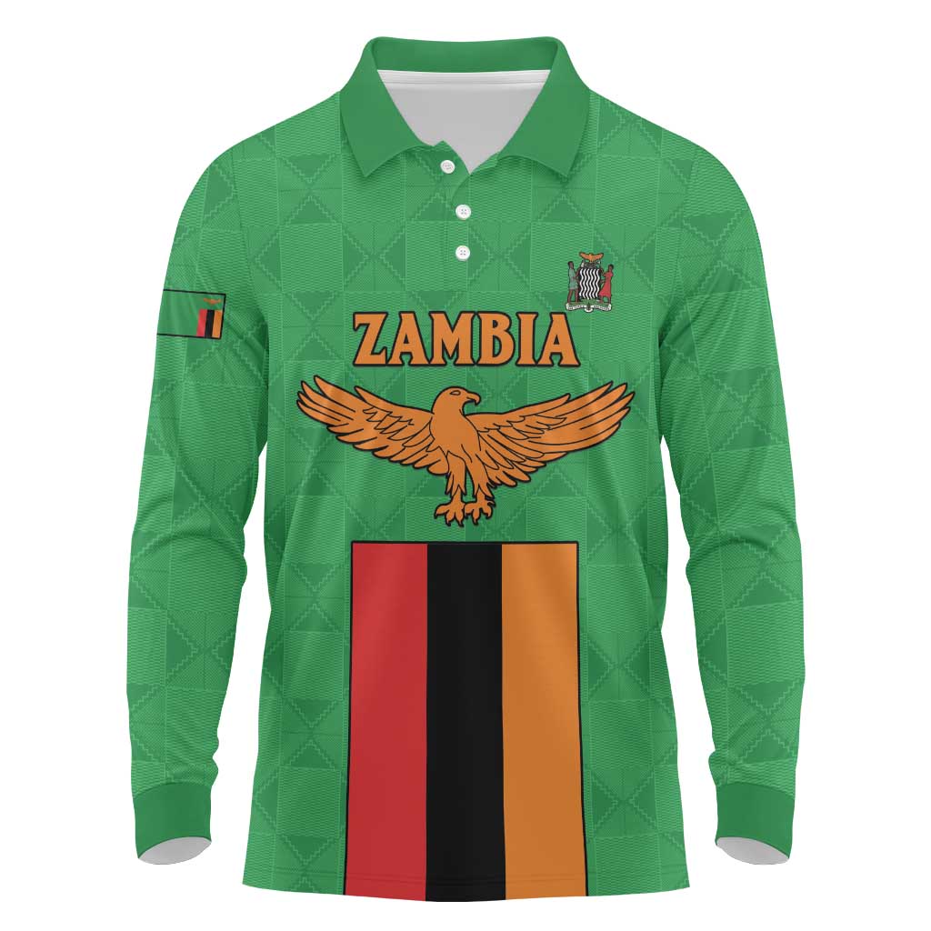Personalised Afro Zambia Long Sleeve Polo Shirt Flag Style Mix Kente Pattern