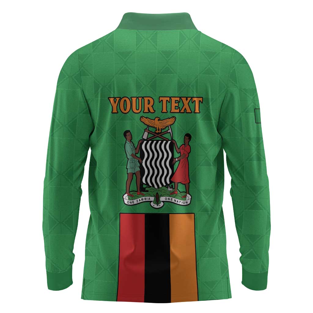 Personalised Afro Zambia Long Sleeve Polo Shirt Flag Style Mix Kente Pattern