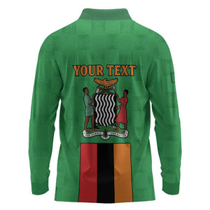 Personalised Afro Zambia Long Sleeve Polo Shirt Flag Style Mix Kente Pattern