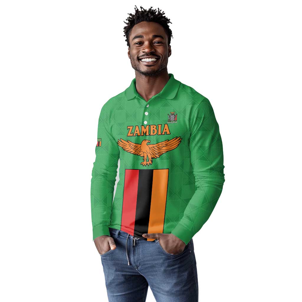 Personalised Afro Zambia Long Sleeve Polo Shirt Flag Style Mix Kente Pattern